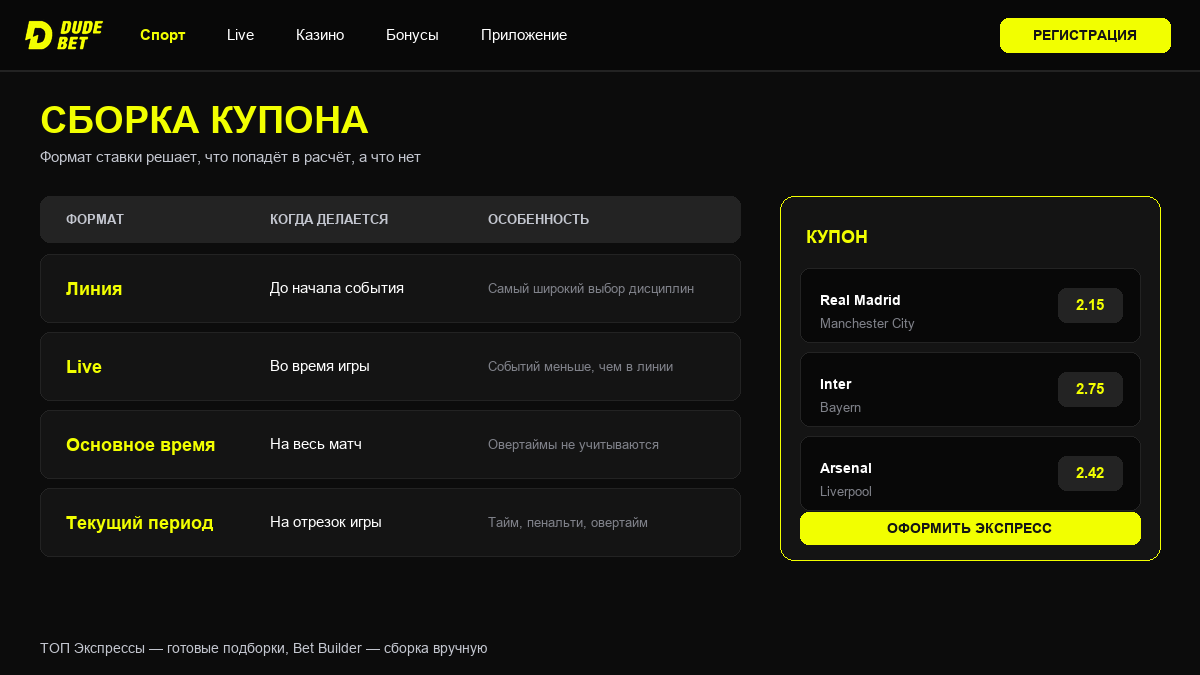 Сборка купона DudeBet: форматы ставки и экспресс из трёх событий